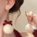 Light Luxury Alloy Snowflake Bow Pom Ball Drop Earrings For Women Christmas Stud Jewelry view 3