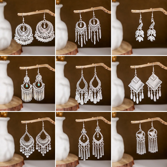 Ethnic Vintage Miao Silver Plated Long Tassel Drop Earrings For Women Ancient Style