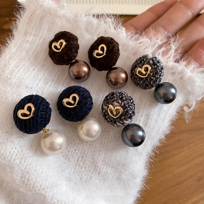 Light Luxury Faux Pearl Heart Stud Earrings With Round Cotton Thread Design For Women