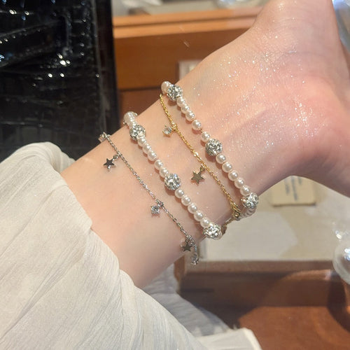 Faux Pearl Beaded Double Layer Bangle With Zircon Star Charm For Women