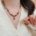 Vintage Maillard Stainless Steel Tiger Eye Beaded Necklace And Stud Earrings Jewelry Set view 2
