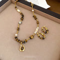 Vintage Maillard Stainless Steel Tiger Eye Beaded Necklace And Stud Earrings Jewelry Set view 3