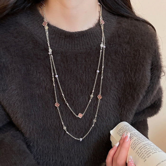 French Vintage Enamel Diamond Flower Artificial Crystal Sweater Necklace For Women