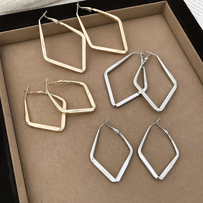Light Luxury Iron Smooth Rhombus Pendant Hoop Earrings With Silver Posts For Women