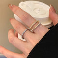 14K Gold Plated Imitation Pearl Zircon Geometric Ring For Women Light Luxury Round Design view 3