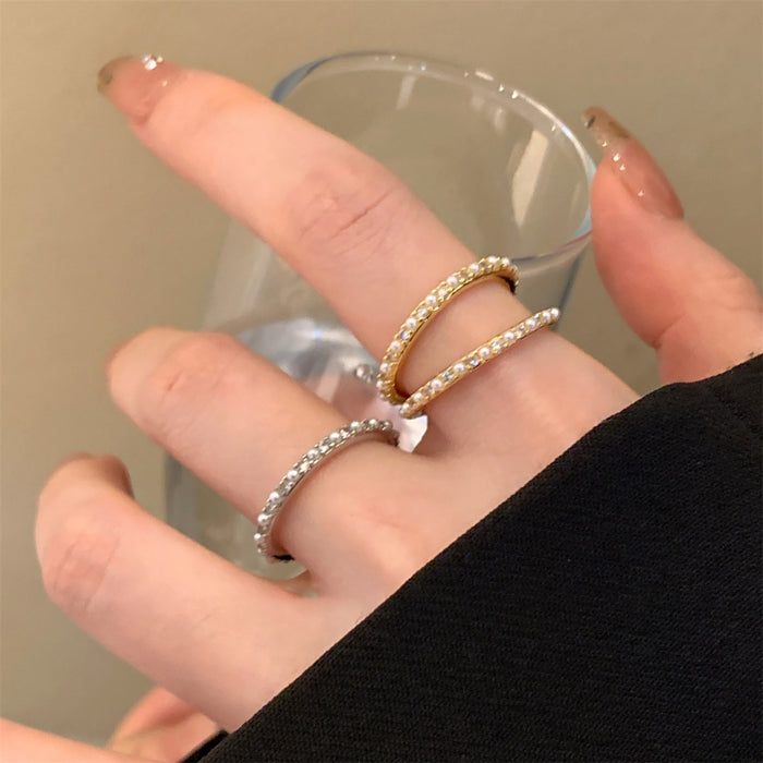14K Gold Plated Imitation Pearl Zircon Geometric Ring For Women Light Luxury Round Design
