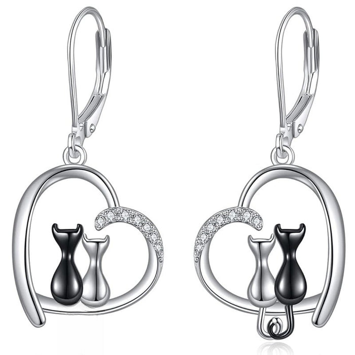 Valentine Heart Cat Back Dangle Earrings For Women, Cute Micro Pave Fashion Jewelry