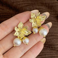 Elegant French Gold Alloy Floral Flower With Faux Pearl Ball Front Back Lightweight Stud Drop Earrings view 4