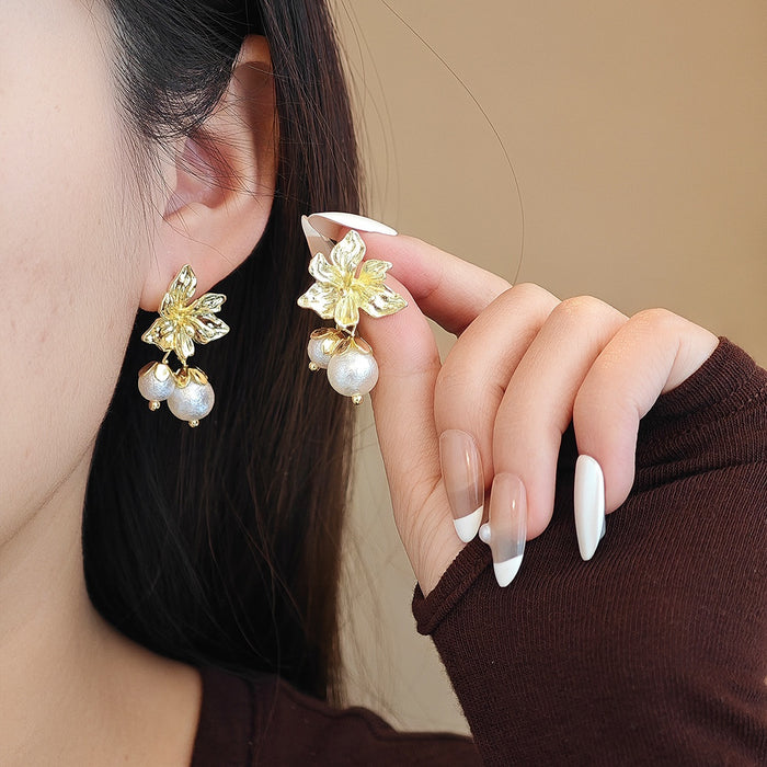 Elegant French Gold Alloy Floral Flower With Faux Pearl Ball Front Back Lightweight Stud Drop Earrings