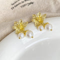 Elegant French Gold Alloy Floral Flower With Faux Pearl Ball Front Back Lightweight Stud Drop Earrings view 3
