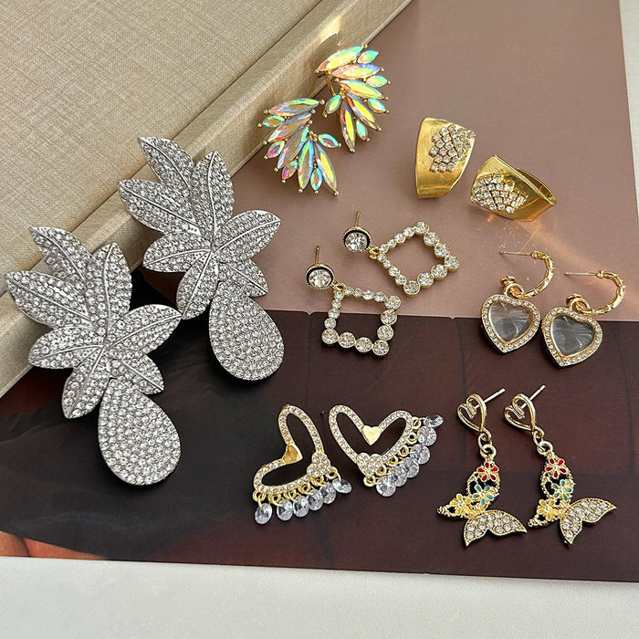Luxury Rhinestone Crystal Heart Wing Butterfly Leaf Alloy Stud Dangle Jewelry Set For Women Earrings