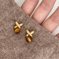 18K Gold Plated Tiger Eye Letter X Stud Earrings With Silver Pins Maillard Style view 1