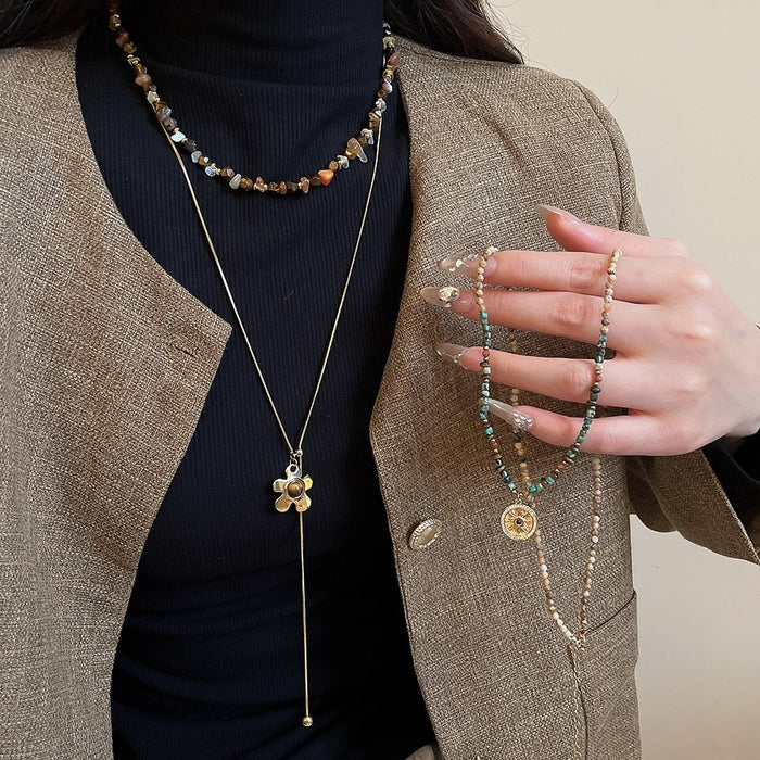 Copper Tiger Eye Natural Stone Flower Pendant Sweater Necklace For Women Vintage Ethnic Light Luxury