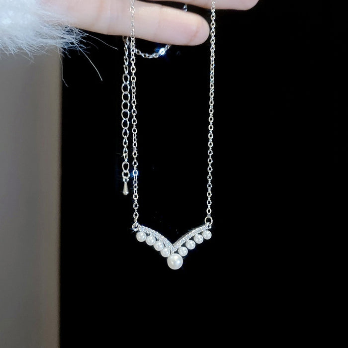 Korean Style Zircon V Shape Faux Pearl Necklace Minimalist Geometric Luxury Collarbone Chain