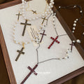 Sweet Cool Faux Pearl Multi Layer Rhinestone Cross Sweater Necklace for Women view 2