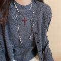 Sweet Cool Faux Pearl Multi Layer Rhinestone Cross Sweater Necklace for Women view 3