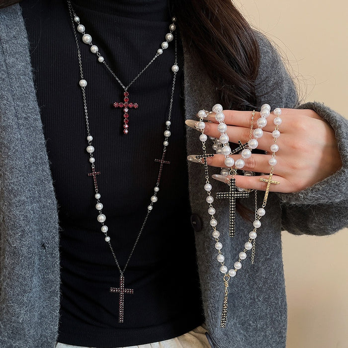 Sweet Cool Faux Pearl Multi Layer Rhinestone Cross Sweater Necklace for Women