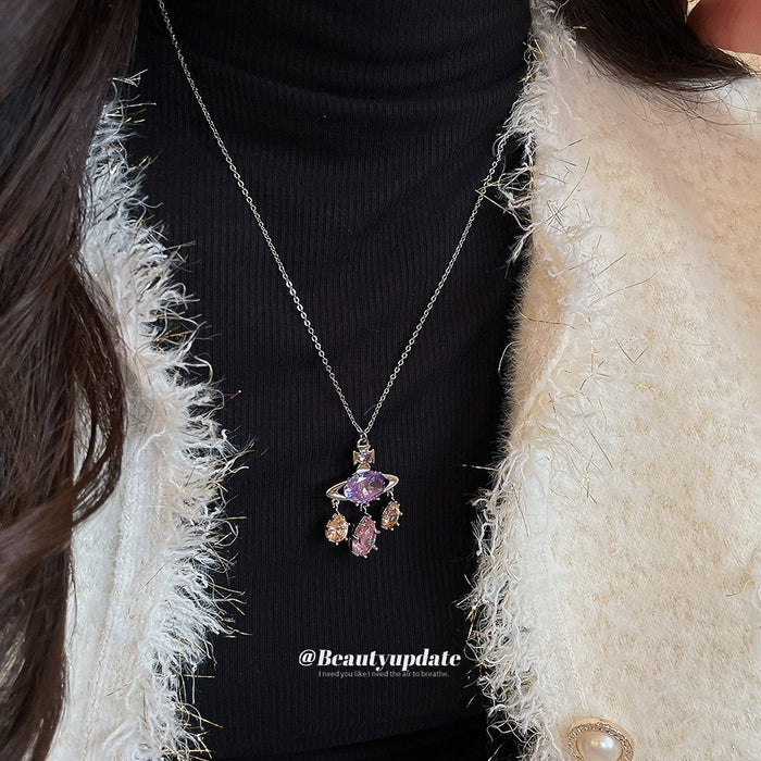 Korean Light Luxury Copper Zircon Saturn Star Waterdrop Pendant Sweater Necklace For Women