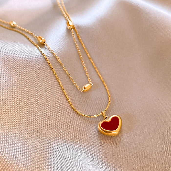 Stainless Steel Enamel Heart Pendant Sweater Necklace For Women Light Luxury Clavicle Chain
