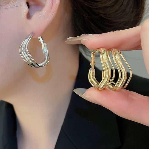 Irregular Iron Metal Hoop Earrings With Silver Posts, Minimalist Geometric Luxury Style