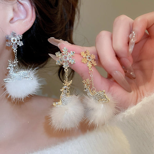 Light Luxury Alloy Deer Snowflake Rhinestone Pom Pom Stud Earrings For Christmas