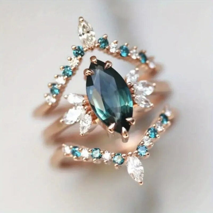 Palace Style Marquise Crown Ring Set For Women Light Luxury Three Piece Jewelry