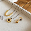 18K Gold Plated Tiger Eye Oval Necklace And Ear Clip Jewelry Set Vintage Maillard Style For Women view 4