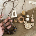 Bohemian Ethnic Geometric Wood Bead Rattan Woven Round Pendant Sweater Necklace For Women view 4