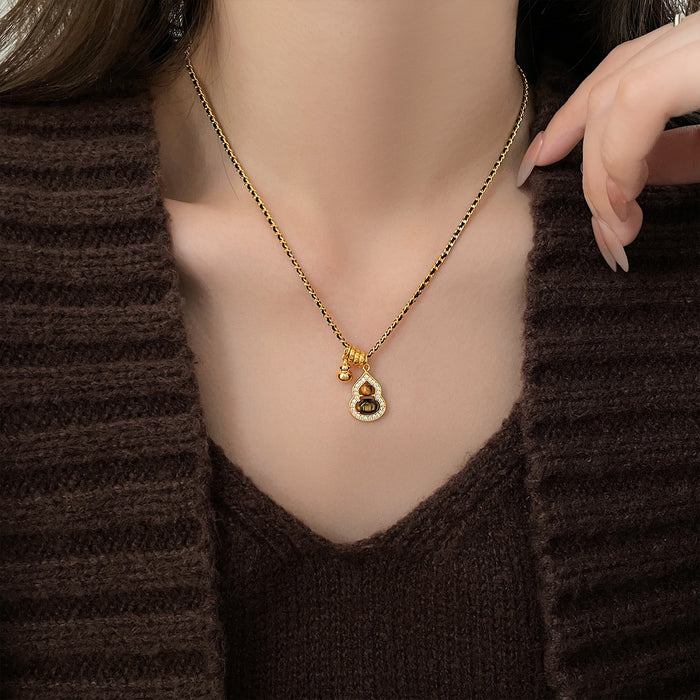 18K Gold Plated Tiger Eye Stone Cubic Zirconia Gourd Sweater Necklace Vintage Maillard Geometric Collarbone Chain