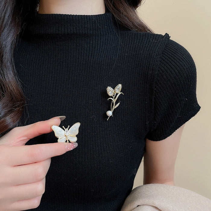14K Gold Plated Copper Zircon Tulip Butterfly Brooch, Vintage Light Luxury Women's Accessory