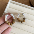 Round Stone Beaded Stud Earrings With Silver Pins, Vintage Ethnic Maillard Geometric Jewelry view 3