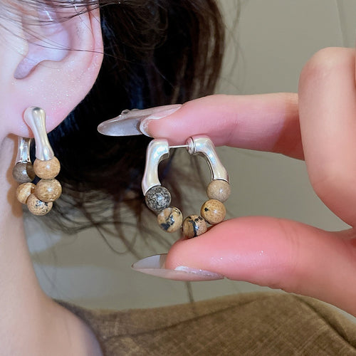 Round Stone Beaded Stud Earrings With Silver Pins, Vintage Ethnic Maillard Geometric Jewelry