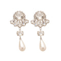 Elegant Faux Pearl Teardrop Drop Earrings With Floral Rhinestone Silver Pin Design view 5