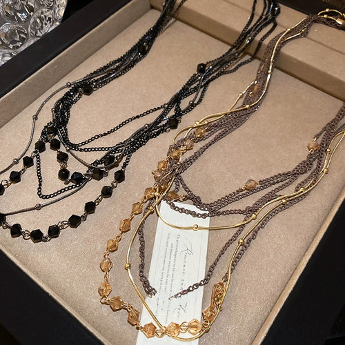 Dark Style Faux Crystal Beaded Multi Layer Geometric Round Sweater Necklace For Women