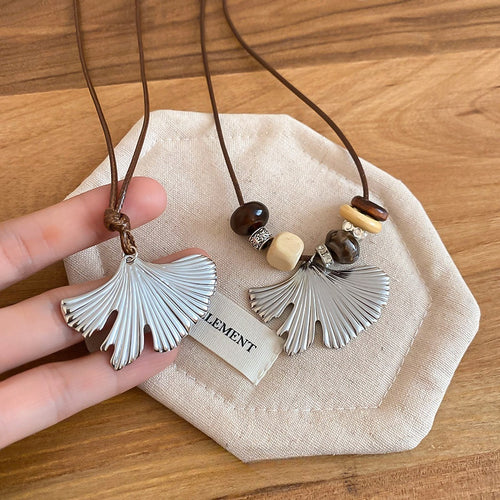 Stainless Steel Wood Bead Ginkgo Leaf Sweater Necklace Ethnic Style Light Luxury Choker For Women