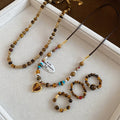 Vintage Tiger Eye Round Bead Necklace And Ring Jewelry Set, Maillard Style Heart Accent view 2