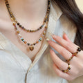 Vintage Tiger Eye Round Bead Necklace And Ring Jewelry Set, Maillard Style Heart Accent view 1