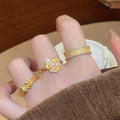 24K Gold Plated Copper Zircon Flower Open Ring French Vintage Light Luxury Jewelry view 2
