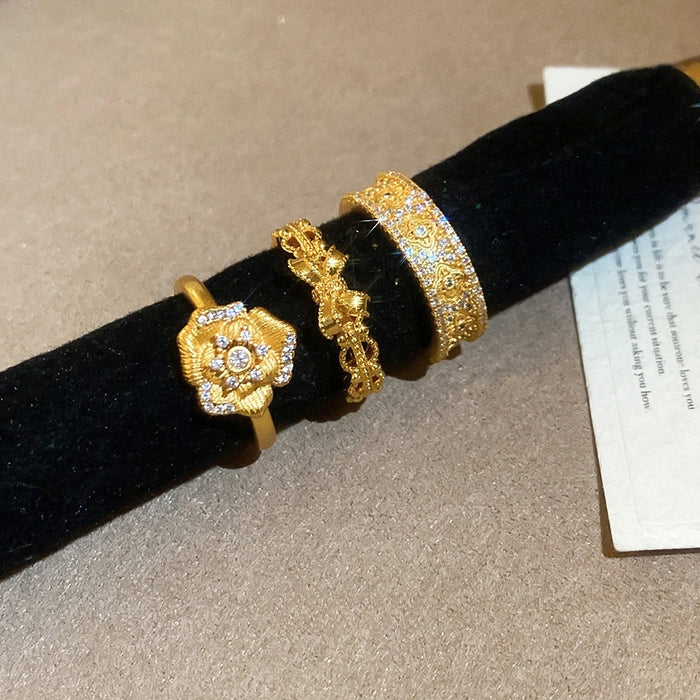 24K Gold Plated Copper Zircon Flower Open Ring French Vintage Light Luxury Jewelry
