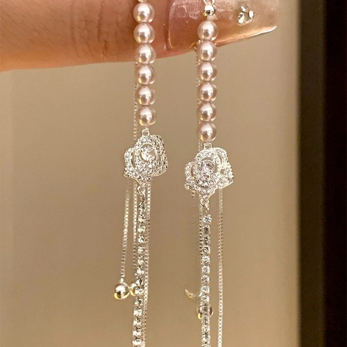 Korean Style Zircon Flower Faux Pearl Bangle Elegant Light Luxury Designer Bracelet For Women
