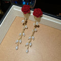 Retro Elegant Faux Pearl Flower Tassel Drop Earrings With Silver Needle Flocked Floral Design view 2