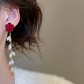 Retro Elegant Faux Pearl Flower Tassel Drop Earrings With Silver Needle Flocked Floral Design view 3