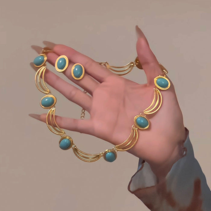 Vintage Acrylic Gemstone Necklace And Stud Earrings Jewelry Set For Women, Round Light Luxury Style