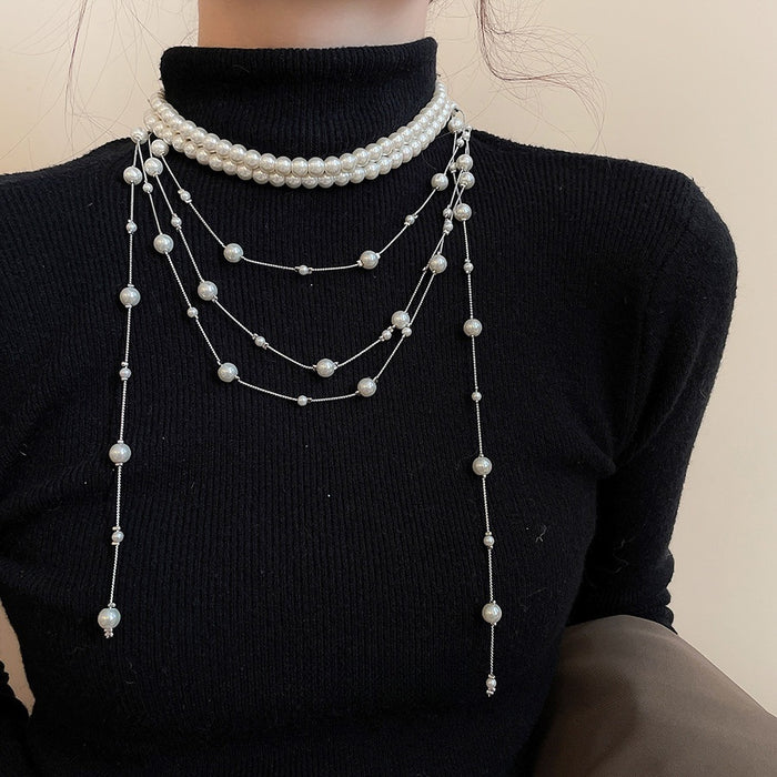 French Vintage Multilayer Tassel Faux Pearl Sweater Necklace Light Luxury Geometric Choker