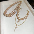 Vintage Light Luxury Faux Pearl Sweater Necklace With Rhinestone Cross Geometric Pendant view 2