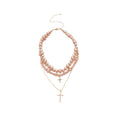 Vintage Light Luxury Faux Pearl Sweater Necklace With Rhinestone Cross Geometric Pendant view 5