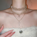 Vintage Light Luxury Faux Pearl Sweater Necklace With Rhinestone Cross Geometric Pendant view 1