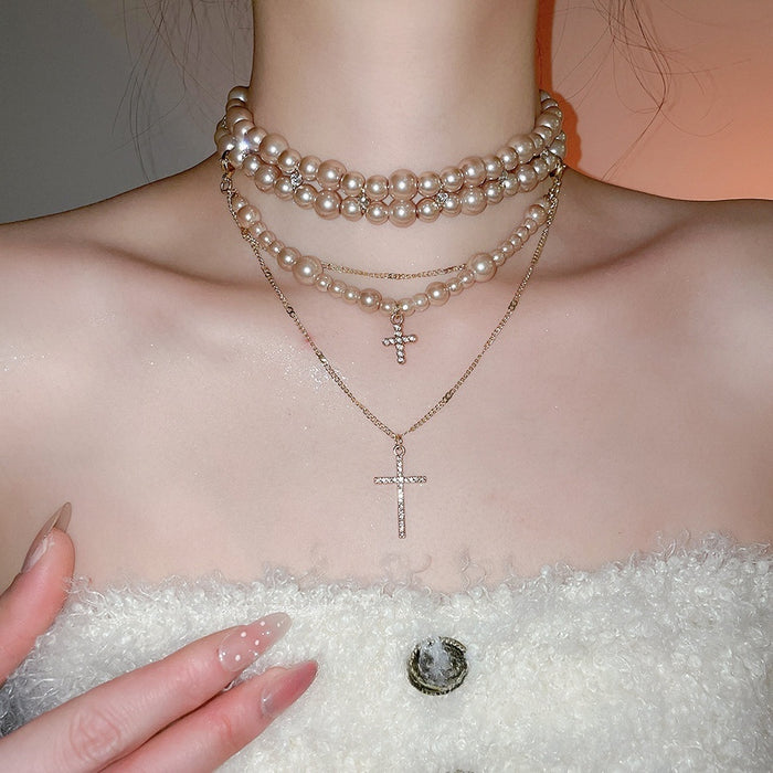 Vintage Light Luxury Faux Pearl Sweater Necklace With Rhinestone Cross Geometric Pendant