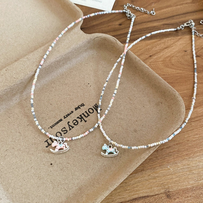 Light Luxury Glass Crystal Beaded Enamel Horse Pendant Sweater Necklace For Women