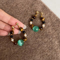 Vintage Tiger Eye Cat Eye Stone Pearl Beaded Geometric Round Drop Earrings With Silver Posts view 3